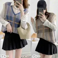 Maison de Therese チェック柄ニットベストVネックレディース