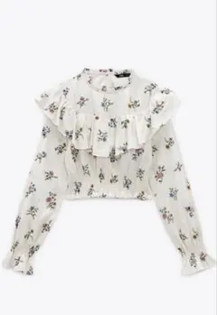 ZARA フリル付き花柄長袖ブラウス