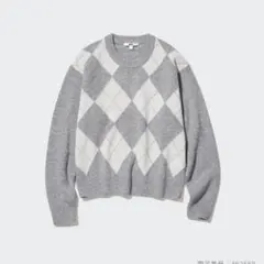 【UNIQLO ユニクロ】　プレミアムラムクルーネックセーター　チェック　グレー