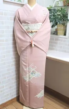 くすみピンク縞付け下げと袋帯・帯揚げ帯締めの4点フルセット