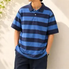 GAP ギャップ【M】半袖ポロシャツ 太ボーダー ラガーシャツ ツートン ブルーのサムネイル