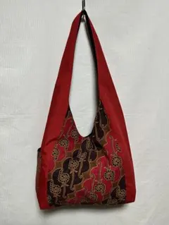 【美品】赤×植物風柄　布バッグ　アジアン風　和風にも？！