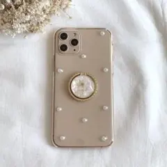 ハンドメイド スマホケース iPhoneケース 押し花 スマホリング パール