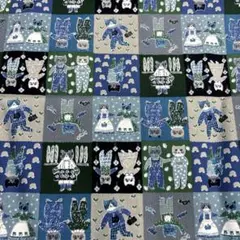 2m 綿100% オックス ネコ柄 ブルー系　パッチワーク柄