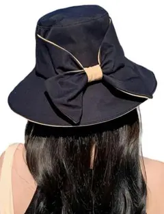 バケットハット ツバ広 リボン付き 紫外線対策 日焼け防止 レディース ブラック