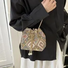 ゴブラン織り 巾着ショルダーバッグ ミニバッグ チェーンストラップ付き