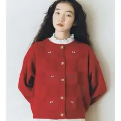 ehka sopo スクエア刺繍カーディガン レッドカーディガン