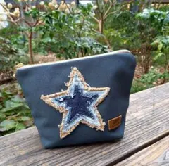 高島帆布ポーチ　星　ネイビー　ブルー　レザー