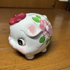 昭和レトロ 陶器 ブタ 貯金箱 赤ベレー帽 薔薇 当時物 ビンテージ