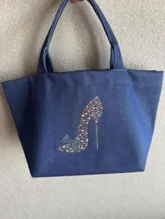 【値下】gingam ネイビー デニム生地のバッグ スワロフスキー付き　ギンガム