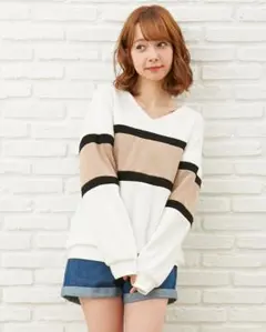 INGNI イング　サカリババイカラーチュニック　7部袖　マルチボーダー