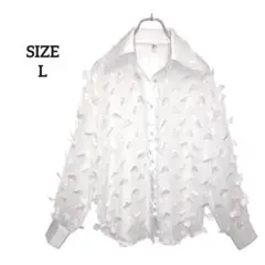 Lexi◇立体　フラワー　ブラウス　シアー　ホワイト　長袖　上品　フェミニン