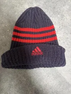 adidas ストライプ ニット帽 ネイビー/レッド