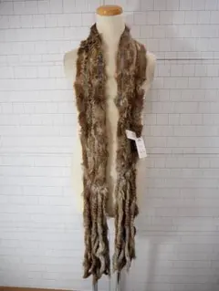 ★ラビットヤーンマフラー 8cm X 220cm★リアルファー★未使用ブラウン系