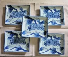 有田焼　祥玉窯　青白磁　柘榴柄　角皿　銘々皿　5枚揃