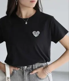 Riberry tシャツ ハートロゴラメ刺繍コンパクトTシャツ レディース