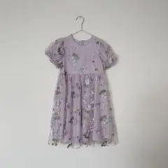 花柄刺繍付き半袖チュールドレス 120cm ワンピース パープル フラワー