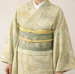 《2W53》小紋 着物単品 茶系の黄緑 袷 対象身長～151cm 春夏人気カラー