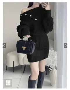 GRL パールボタンオフショルニットワンピース