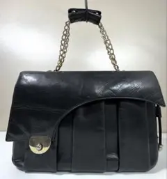 BALLY バリー チェーン レザー ハンドバッグ 黒 プリーツデザイン020