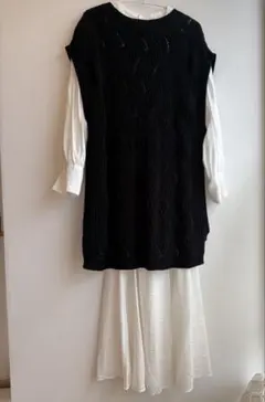 ニットベスト付き ロングシャツワンピース
