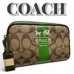 良品 COACH コーチ PVC レザー ポーチ ブラウン グリーン　チャーム