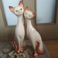 シャム猫 2匹 陶器製 置物 飾り 昭和レトロ ヴィンテージ 中古