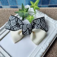 リボンバレッタ 黒＋白　★グログランリボン★　ハンドメイド　ヘアアクセサリー