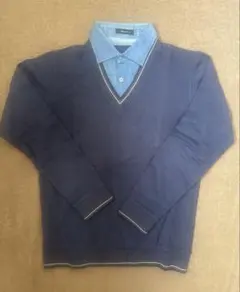 ネイビー Vネックニット セーター デニム襟　Mサイズ