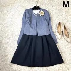 フォーマルセット ノーカラージャケット ワンピース ブルー ネイビー M