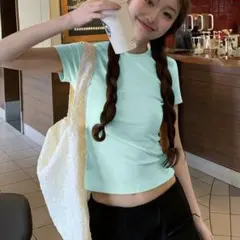 ミントグリーン レギュラーショルダー 半袖Tシャツレディース、ラウンドネック L