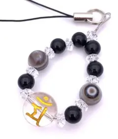 ★天然石本水晶！守護仏梵字金彫り＆オニキス&天眼石のストラップ