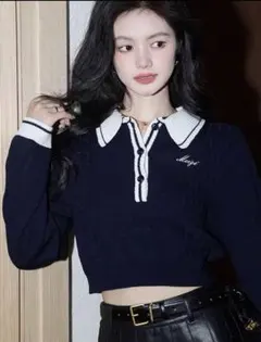 【SHEIN】 コントラストトリム ポロネック クロップセーター