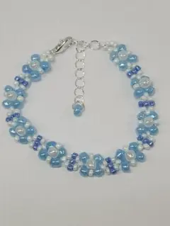 青色系 ビーズ フラワーモチーフ ブレスレット