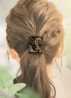 【ヘアカフ＊中サイズ＊シルク＊black blueペイズリー】インド刺繍