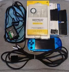 PSP3000 ブルー 純正リモコンイヤホン予備バッテリーポーチカード4GB