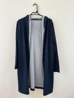 ネイビーとグレー フード付きロングカーディガン