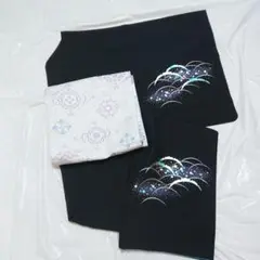 8/15迄 洗える着物Ｌ 帯セット 訪問着 黒地 青海波文様 金彩 銀彩 美品のサムネイル