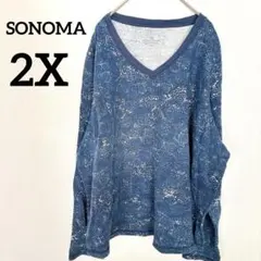 総柄トップス ペイズリー 長袖 Tシャツ 2X ブルー系 美品 海外古着