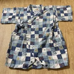 ベビー甚平 サイズ80 ブルー系チェック魚と星の刺繍