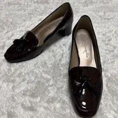 銀座かねまつ タッセルローファー チャンキーヒール ダークブラウン エナメル