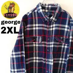 USA古着 george　ネルシャツ2XL　ネイビーホワイト　チェック