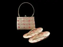 2 4 2 om 佐賀錦 草履&ハンドバッグセット 花菱 朱赤×ゴールド