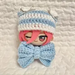 ちびぐるみ ぬい服 ボーダー 猫耳ニット帽 リボンセット ホワイトブルー 編み物
