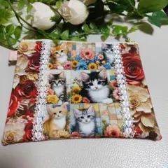 猫とバラのデザインポーチ