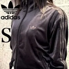新品S⭐️adidas ベロア トラックトップ ルーズフィット 刺繍 ブラック