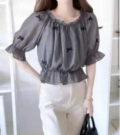 classical elf シアーシャイニーリボン付きブラウス