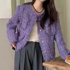 【上品】ノーカラージャケット M ツイード シングル