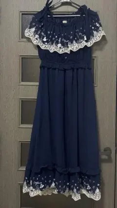 ネイビー オフショルダー レース ワンピース