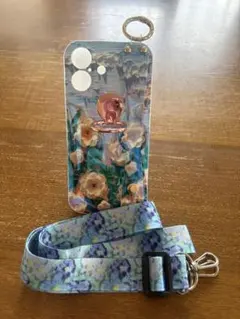 iPhone用ケース　花柄　ストラップセット　ショルダーベルト付き